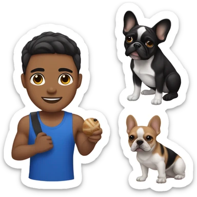 athletic light skin male with black fade hairstyle holding a french bulldog sticker