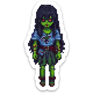 a zombie girl with black long hair and bangs, pixel art style, retro, 8-bit sticker