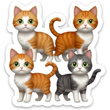 full body of 3 tiny short hair cats including a dark grey and white cat with green eyes, a ginger and white with orange eyes and a brown tabby and white with hazel eyes sticker