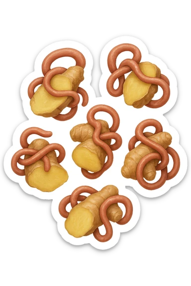 emoji stile iphone 3d di 6 piccoli pezzi di zenzero che fluttuano in aria con pezzi di colon arrotolati intorno, iperrealistico 4k sticker