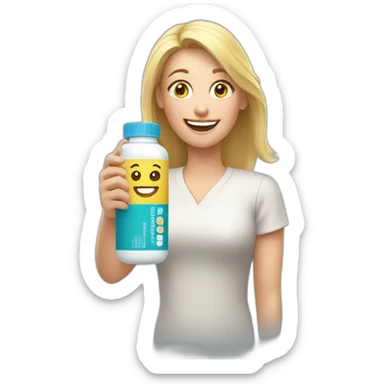 Happy blonde Mom holding iburprofen pill bottle sticker