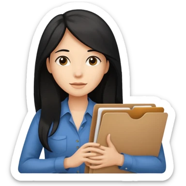 a light tan woman with long black hair past mid-back, round brown eyes and manila folder in her hands sticker