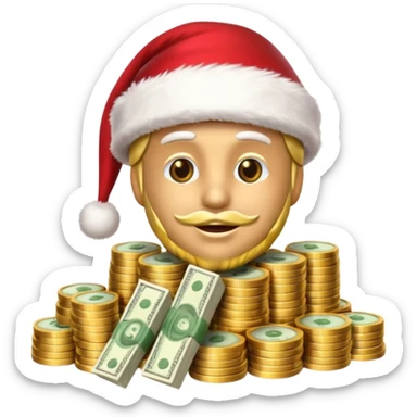 A confident rich emoji face wearing a Santa hat, money stacks, casino vibe, New Year theme, premium 3D emoji style, sharp details, no text, isolated on transparent background sticker