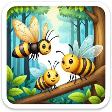 butterfly and bee sitting on a tree branch in a forest, cute and friendly sticker