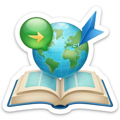 Create an emoji representing language translation. The design should feature an open book or a document with text in multiple languages (e.g., English, Spanish, Chinese), and a translation icon (such as an arrow between two languages) to symbolize the process of converting text. Include elements like a globe or a speech bubble to represent global communication. Use clear, simple lines and a color palette with blues, greens, and subtle neutral tones to convey the idea of clarity and understanding. Make the background transparent. sticker