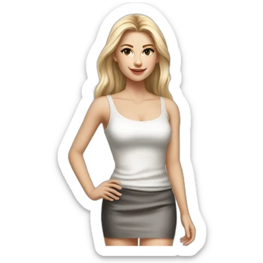 hyperrealist caucasian, long blonde hair, brown eyes, woman, white decollette tank top, gray tight mini skirt, black high heels, full height sticker