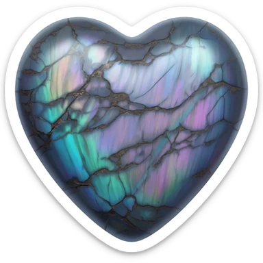 hyperrealistic highly detailed cracked shimmery Labradorite heart shape, isolated, 3d rendering sticker