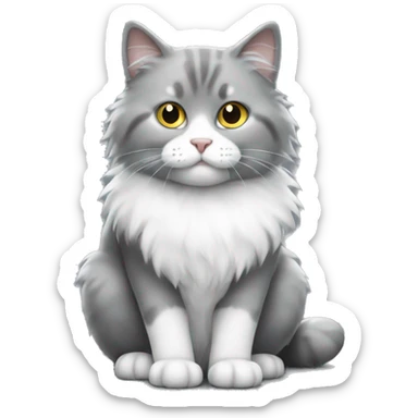 Grey and white fluffy cat sitting full body sticker