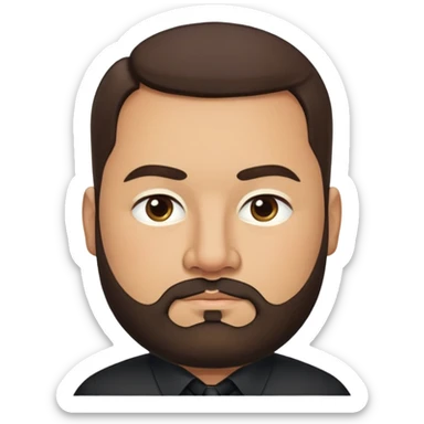 Very stocky businessman in his 40s with light brown skin, pear-shaped face (wider at bottom), full cheeks, medium dark brown eyes, thick eyebrows, wide nose, professional expression, short full beard, short dark hair, wearing a black button-up shirt sticker