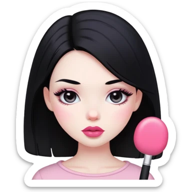 Girl with black hair and pale skin with pink lips and blush sticker