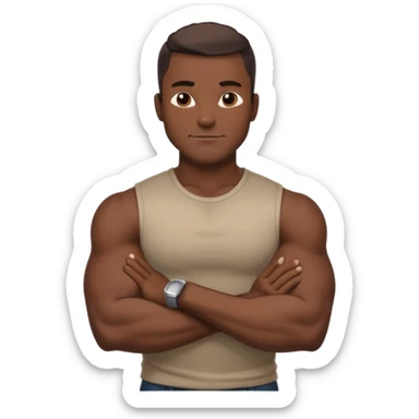 Adult male, dark skin, muscular build, confident smirk, arms crossed, sleek modern casual clothing, assertive pose, strong silhouette, bold shading. sticker