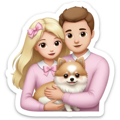 Blond girl white skin with husband brown hair hugging white Pomeranian with light pink bow sticker