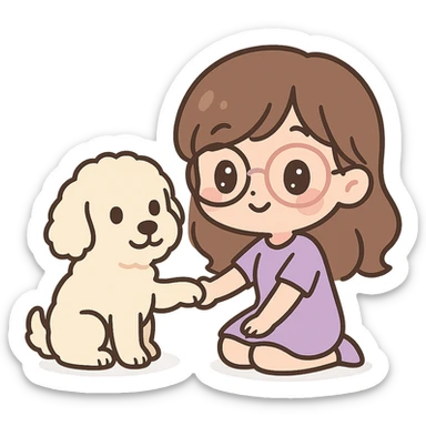 chibi style brunette female with glasses in a purple outfit with her large white or cream colored goldendoodle, the dog is giving her a paw sticker