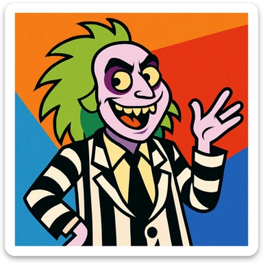 Beetlejuice character, wild striped suit, green hair, mischievous grin, cartoon style sticker