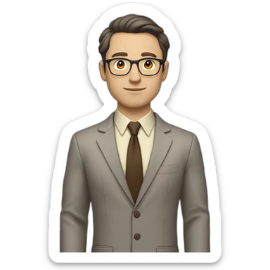 Full height Gesticulating Pale skinned fit man with dark brown hair in gray jacket, beige office shirt, brown tie, brown pants and vintage glasses. sticker
