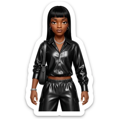 Missy Elliott with black hair, black metallic shirt, black metallic baggy pants, silver necklace sticker
