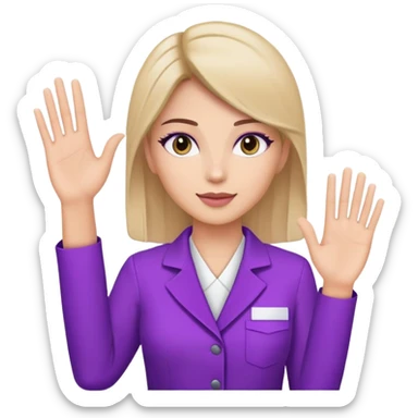 A woman raising her hand, wearing a purple beauty salon work uniform with a professional appearance sticker