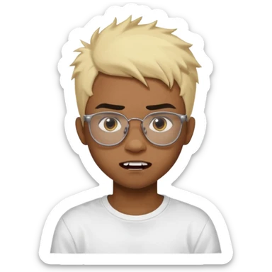 Black Male Teenager with Short punk messy blonde hair, Dark brown bushy eyebrows large expressive golden-brown eyes, wearing a plain white t-shirt, wearing glasses, Dark Brown skin color. vampire tooth sticker