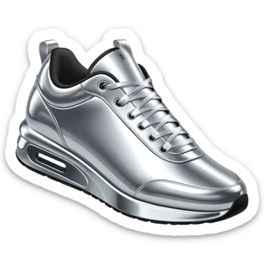 A pair of futuristic sneakers emoji made of silver chrome, sleek streetwear design, smooth metallic panels, subtle reflections, luxury swag aesthetic, iOS emoji style, centered, clean white background sticker