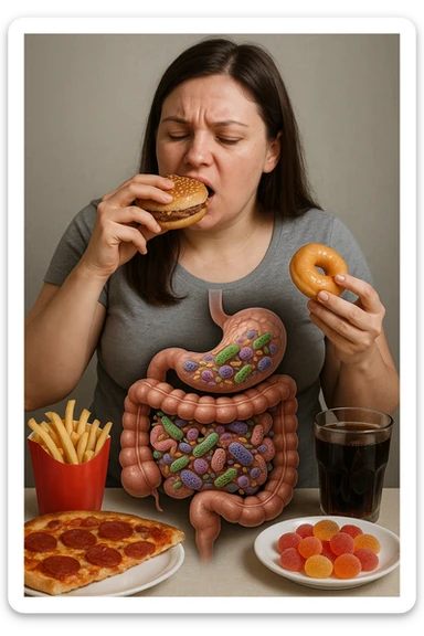 donna con batteri cattivi pieni nel suo intestino immagini realistiche mangia alimentazione ricca di glutine e zuccheri alimentando tutti i batteri cattivi sticker