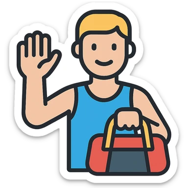 a sportsman holding his gymbag waving his hand goodbye sticker