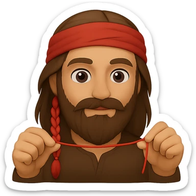 A man with a beard, long hair and a red thread in his hands, emoji style sticker