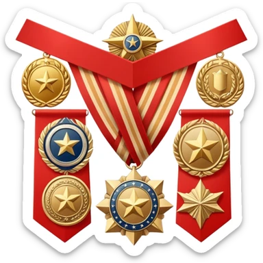 Icon for Collecting Orders, Medals & Badges: a variety of vintage orders, medals and badges, displayed neatly on a big red pennant. The icon should reflect the honor and historical significance of these collectible items. Transparent background. sticker