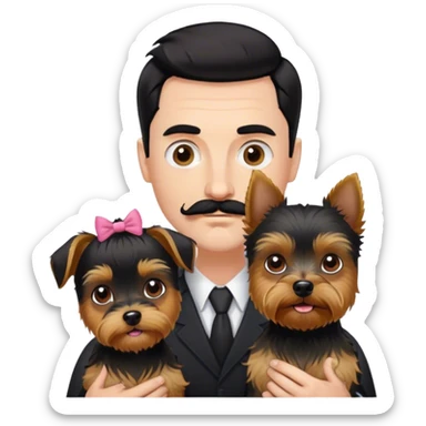 Tall white man with dark hair mustache goatee, and short pale woman with black hair bun, and a yorkshire terrier dog sticker
