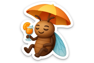 EMOJI STILE IPHONE 3D DI UNA CICALA CHE STA RILASSATA SEDUTA SOTTO L'OMBRELLONE IN SPIAGGIA CON UN COCKTAIL IN MANO sticker