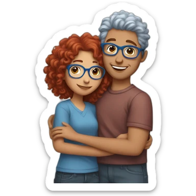 a girl with red curly hair and blue glasses hugging a boy with gray hair sticker