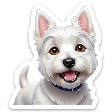 Cinematic Comical West Highland White Terrier Portrait Emoji, Head tilted dramatically with an exaggeratedly shocked or amused expression, featuring a sleek, pristine white coat with perky ears and wide, expressive dark eyes filled with playful disbelief, Simplified yet hilariously expressive features, highly detailed, glowing with a slightly sassy glow, high shine, dramatic yet playful, stylized with an air of cheeky mischief, bright and endearing, soft glowing outline, capturing the essence of a spirited and over-the-top companion, so meme-worthy it feels like it could side-eye its way into internet fame instantly! sticker