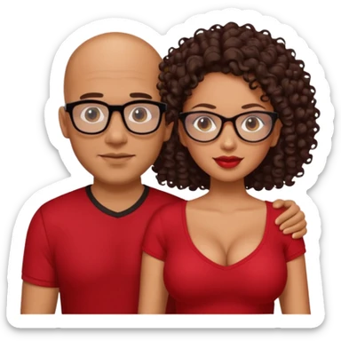 A picture of a sexy tanned couple. the guy is Mexican, with a bald hair cut and a red shirt. the girl is mixed, she has curly longer dark brown hair, the girl has glasses only, and with big boobs and black shirt  sticker