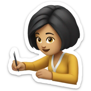 white woman with short black hair writing  a notebook on a desk sticker
