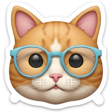 A cute cat emoji wearing geek-chic glasses, minimal design, simple shapes, soft pastel colors, clean vector style, centered composition, emoji style, smooth lines, subtle shadow, high resolution, transparent background, PNG format, no background sticker