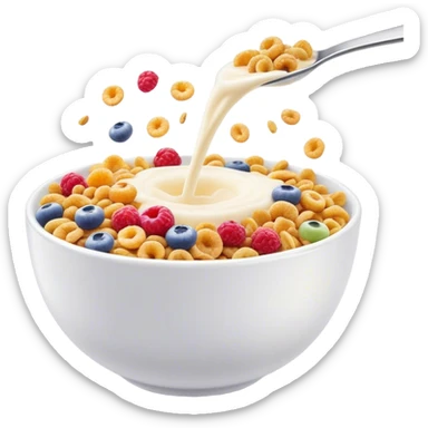 Cinematic crunchy cereal, vibrant and colorful, splashing into a bowl of cold milk, soft glowing background, dynamic movement, playful and inviting, nostalgic and fun. sticker
