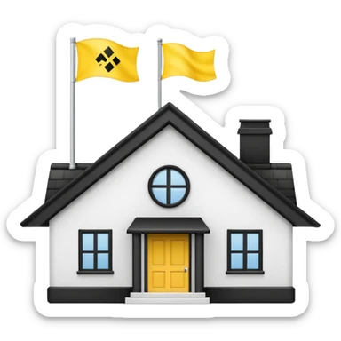 simple school, white background, magic school, black roof, with a big flag, big flag on a roof, big yellow flag, white school sticker