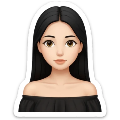 A realistic 3D avatar of a young woman with a soft oval face, slim cheeks, natural almond eyes, long straight black hair, minimal makeup, wearing a black off-shoulder top, elegant and aesthetic, tanned skintone. sticker