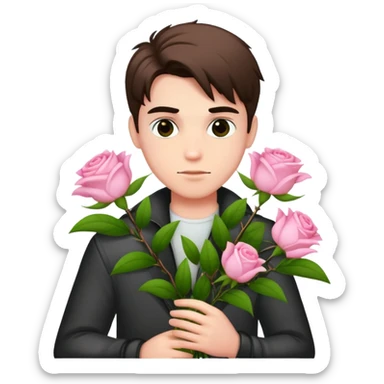 A cool bad boy with fair skin holding a bouquet of pink jasmine roses sticker