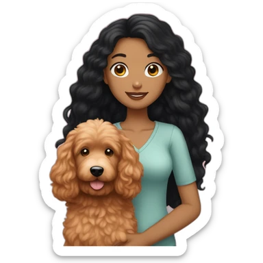 Girl with long black hair and fair skin holding red goldendoodle sticker