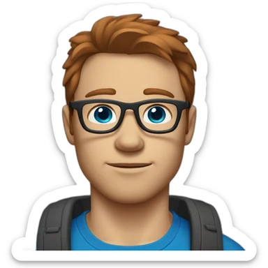 Slightly husky guy with reddish-brown hair and black glasses in a blue t shirt and blue eyes sticker