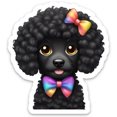 Black curly fur dog wearing a bow sticker