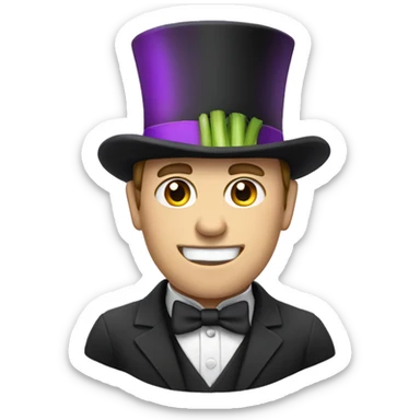 White man wearing a Top Hat with a purple band holding a leek sticker