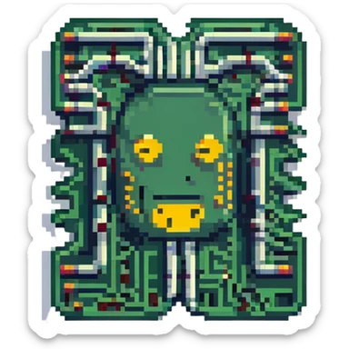 a jaded AI, stylized circuit board with unimpressed emoji, blue and gray tones sticker