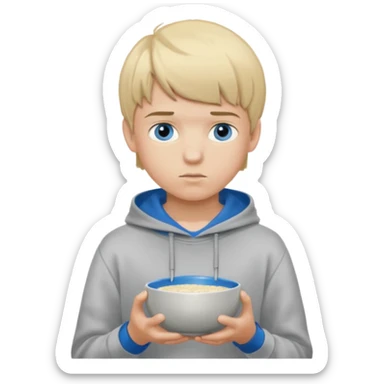 Teen boy with blue eyes and Grey hoodie standing up with blond short bowl cut sticker