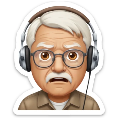 Brown old man with medium white hair, wearing glasses and headphones, looking surprised and angry, no facial hair, chubby, looking to the upper left corner sticker