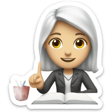 A white girl with a raised hand at a desk at school  sticker