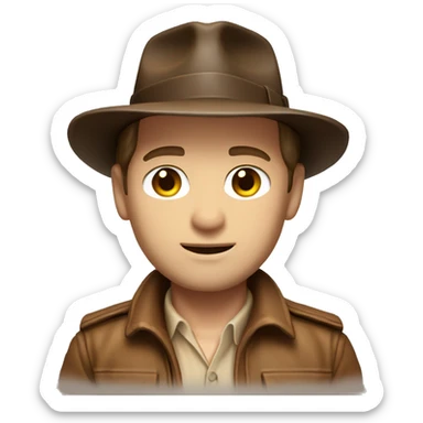 White skin Indiana Jones with a brown jacket and a brown hat, brown hair, beige shirt sticker