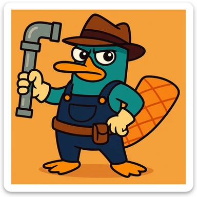 Perry the Platypus as a plumber, teal platypus, brown fedora, plumber's hat and gloves, holding pipe, cute and fun, vibrant toon sticker