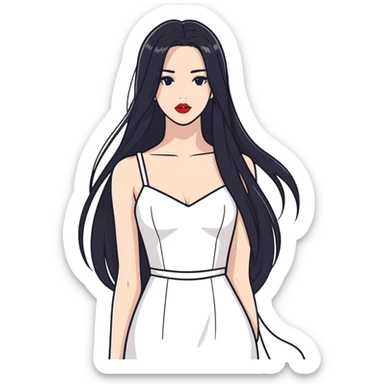 Girl with straight long black hair with structured face and a lipstick on with bigger chest and a white dress  sticker
