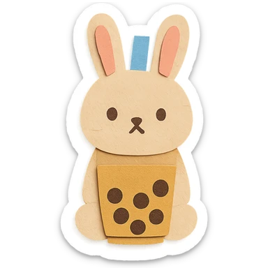 full-body milk tea bunny sitting still with blank stare, nose and mouth not see-through sticker